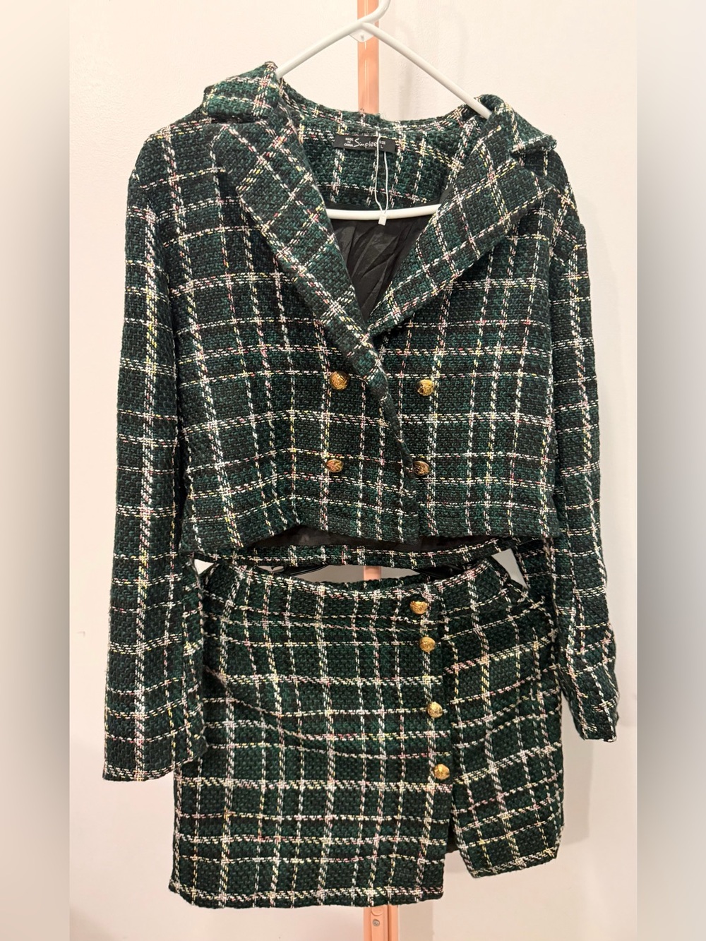 Simpler Green Plaid Tweed Skirt Set with Gold Buttons